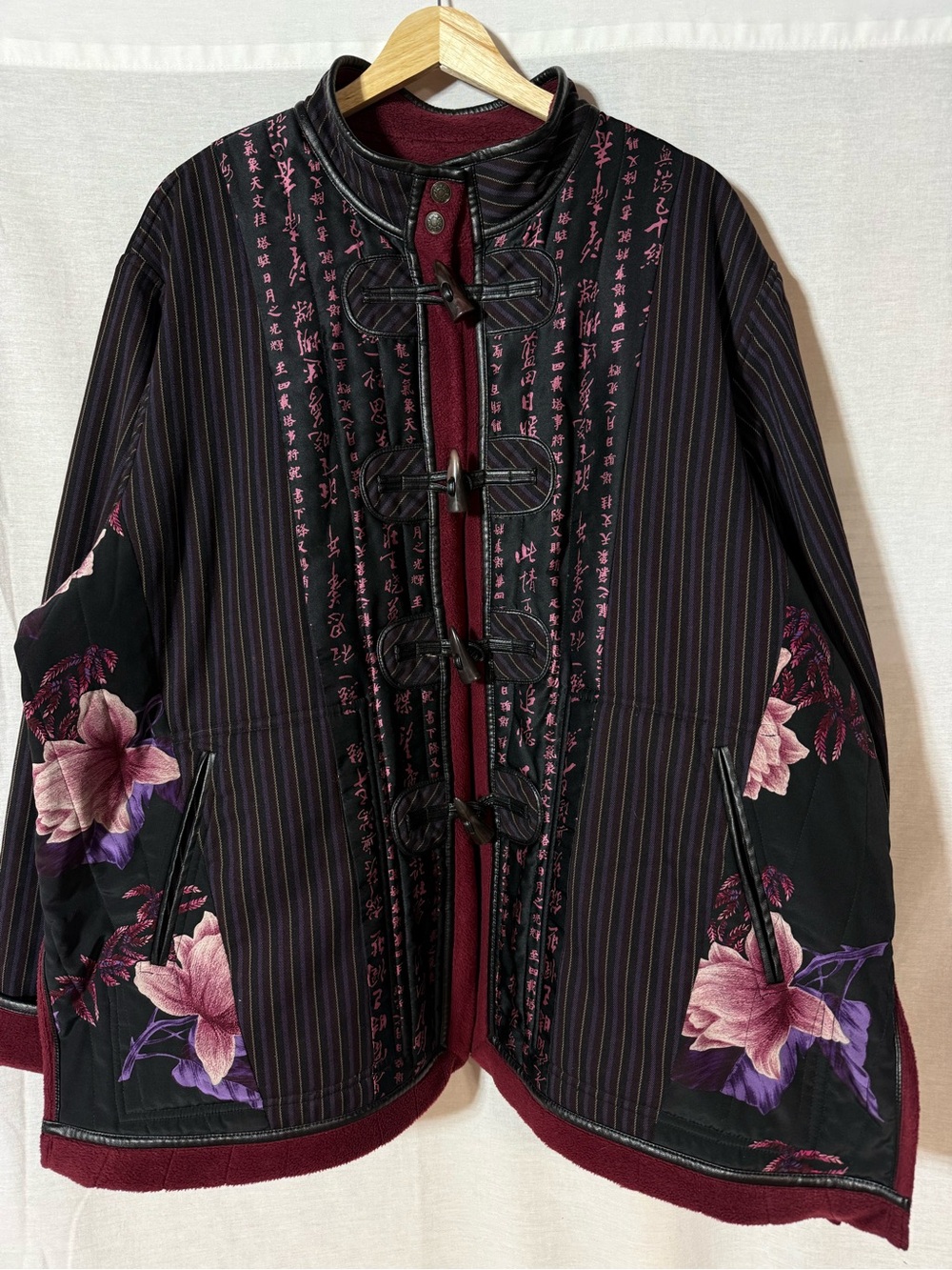 Koos of course Women’s Black and Burgundy reversible Floral Toggle Bomber Jacket